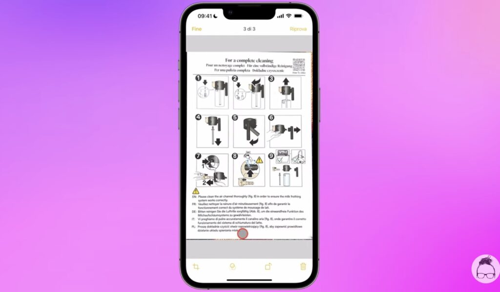Schermata dell'iPhone con una scansione che sta per essere trasformata in pdf